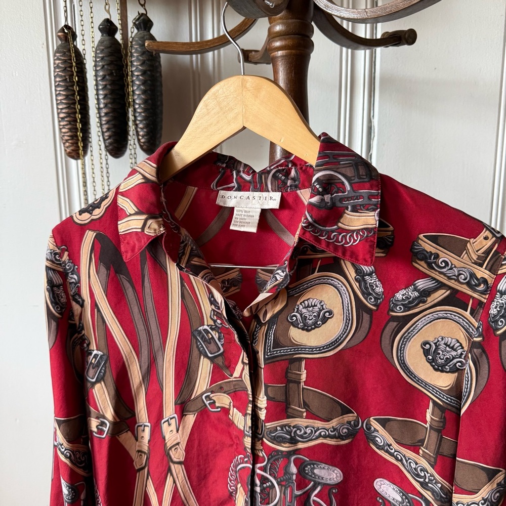 Vintage Silk Horse Bit Equestrian Print Red Button Down Blouse - Picture 2 of 5